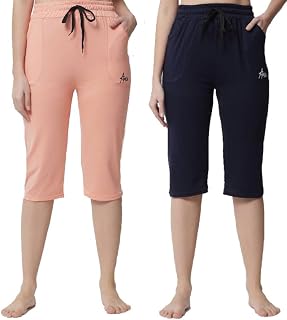 ANIXA Women's Cotton Capri Pants, Drawstring Waist, Pack of 2 Price In India