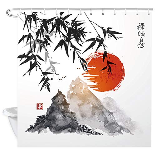 NYMB Japanese Bamboo Trees Sun and Mountains Bath Curtain, Polyester Fabric Waterproof Asian Ink Painting Shower Curtains, Shower Curtain Hooks Included, Red (69x70in)