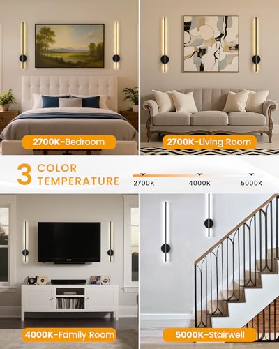 Image of NIORSUN 28 Inch Battery Operated Wall Sconce Set of 2, 360 Rotation Dark Black Rechargeable Wall Lights with Detachable Tube and Remote, 3CCT Dimmable Wall Lamp for Living Room Bedroom Hallway