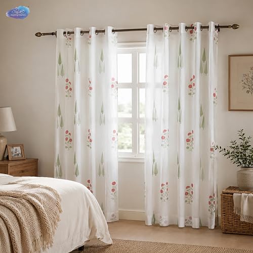 Image of Clasiko Block Print Sheer Window Curtains; 40% Light Filtering Linen Textured Curtains with Eyelets; Set of 2; 54x60 Inches / 5 Feet; Elysian Blossom