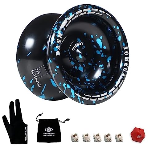 Yomega Dash Yoyo - Pro Aluminum Metal Unresponsive Yoyo with C Size Ball Bearing for Advanced yo yo Tricks + Extra 5 Strings + Glove + Bag + Die & 3 Month Warranty (Black Blue) Cover
