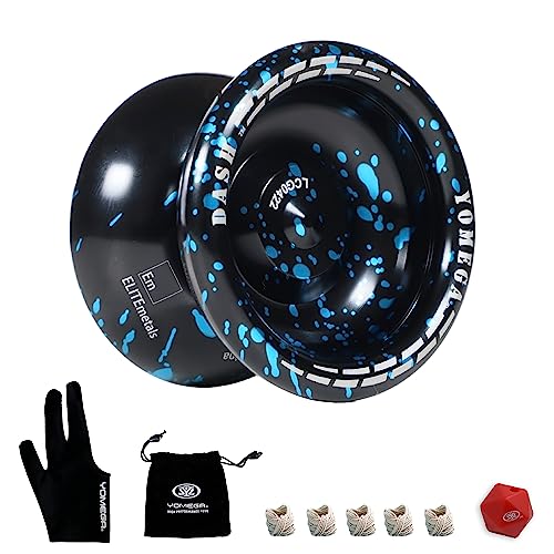 Yomega Dash Yoyo - Yoyo de Metal de Aluminio Pro Que no responde con rodamiento de Bolas de tamaño C para Trucos avanzados de yo + 5 Cuerdas adicionales + Guante +Bolsa + Troqueles