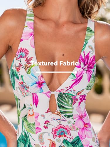 Image of CUPSHE Women's One Piece Swimsuit Deep V Neck Keyhole Cutout O Ring Textured Bathing Suit