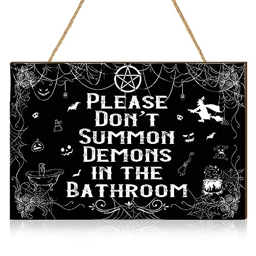 Letrero espeluznante de Halloween para puerta delantera con texto en inglés 'Please Do Not Summon Demons In The Bath', letrero colgante de madera gótico, decoración de baño, arte de pared, decoración