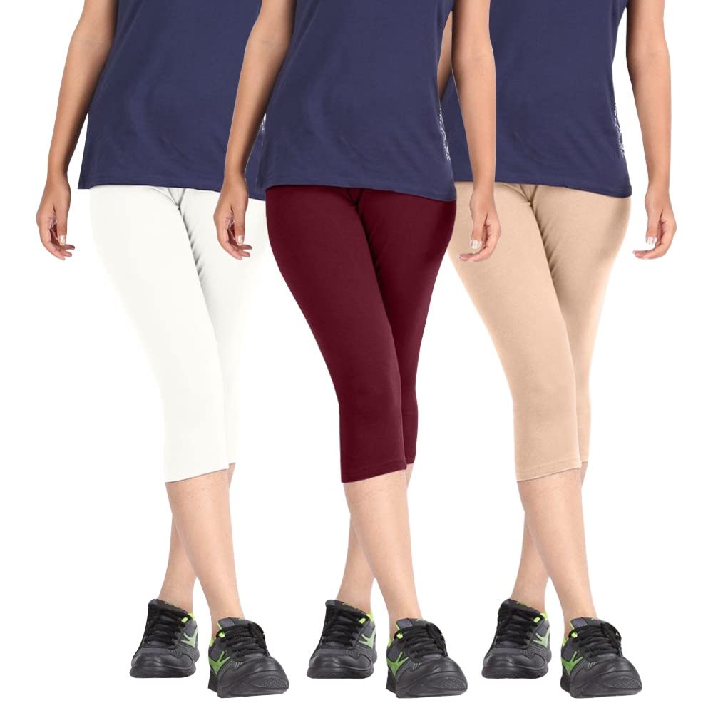 Biowashed Cotton Stretchable Capri Legging Combo Pack of 3 for Women/Girls/Ladies (White, Maroon and Beige) - Free Size-picture-38