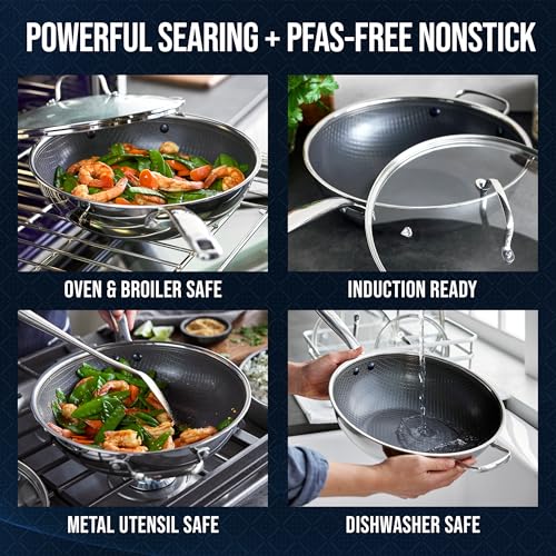 Image of Blue Diamond Hybrid Nonstick Stainless Steel 12 inch Wok with Lid, PFAS-Free Ceramic Diamond Bond Stir-Fry Pan, Induction Ready, Dishwasher & Oven Safe, Metal Utensil Safe, Stay-Cool Handle, Silver