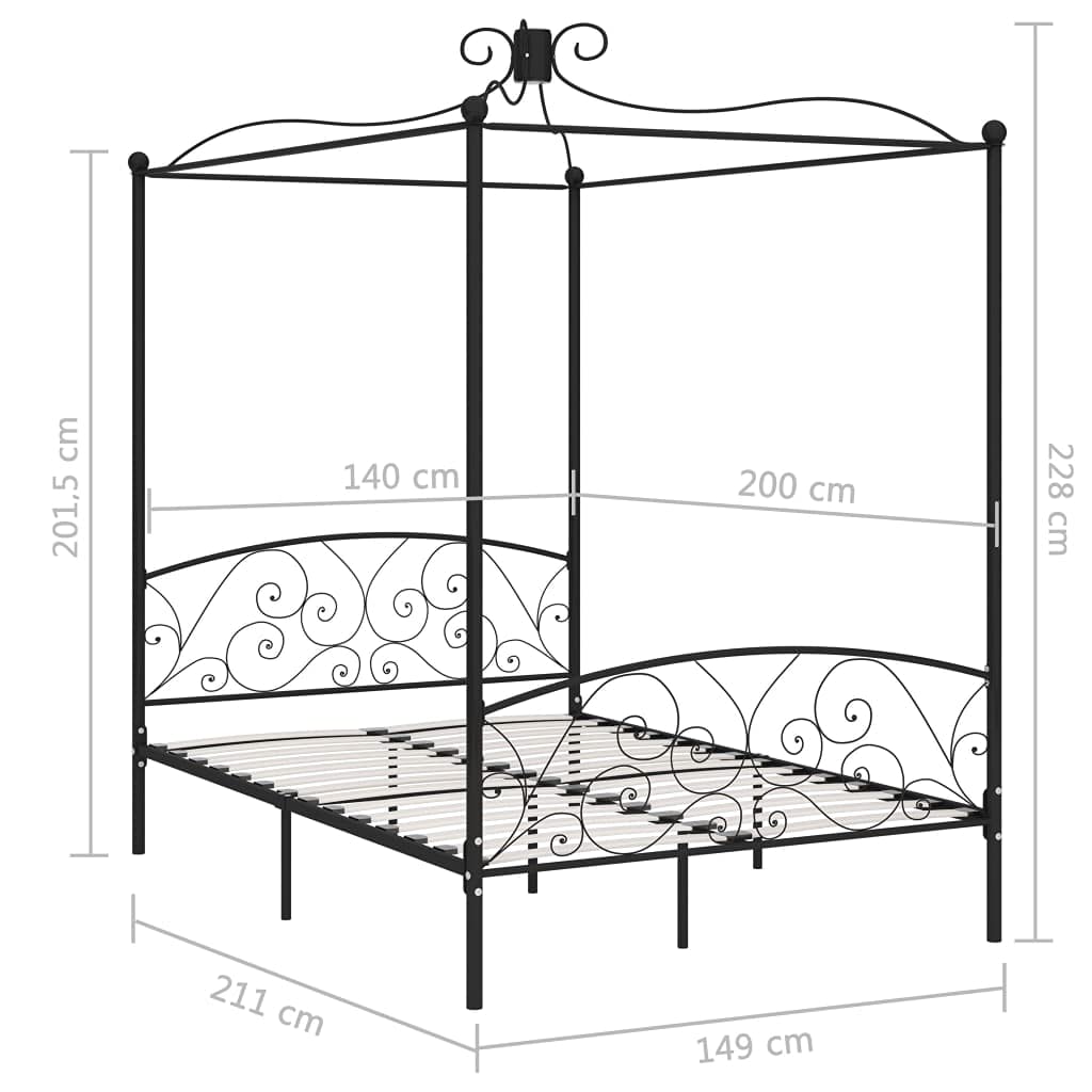 vidaXL Himmelbett Bettgestell Bett Doppelbett Metallbett Bettrahmen Lattenrost Schlafzimmerbett Schlafzimmermöbel Ehebett Schwarz Metall 140x200cm