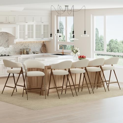 Image of Bar Stools Set of 6, Counter Height BarStools with Back, Modern Upholstered Island Stools with Metal Legs for Kitchen Counter, Dining Room, Beige