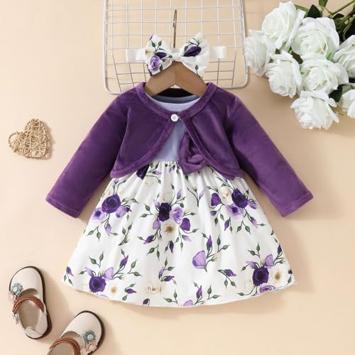 FYMNSI 1st Birthday Girl Outfit Long Sleeve Velvet Cardigan Floral Turu Dress Headband Toddler Baby Girls Fall Winter Clothes2