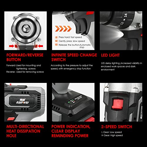 KKnoon Akku-Bohrschrauber, 21 V, Akkus, maximales Drehmoment, 200 Nm, 20 + 3 Positionen, 0-2150 RMP, Schlagbohrschrauber… – Bild 6