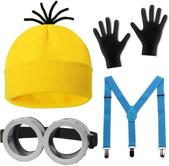 4 Pcs Halloween Costume Accessories, Adults or Kids, Yellow Beanie Hat, Goggles, Gloves, Suspenders for Halloween Dress Up, Cosplay Set, Holiday Gift