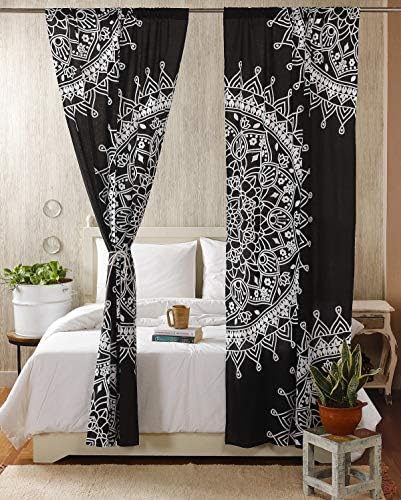 Madhu International Boho Mandala Gypsy Window Treatments 2 Panel Set Bohemian Curtain Room Divider Blackout Balcony Sheer Wall Hanging Tapestry Curtain Indian Drapes Curtain, 87” X41, Black