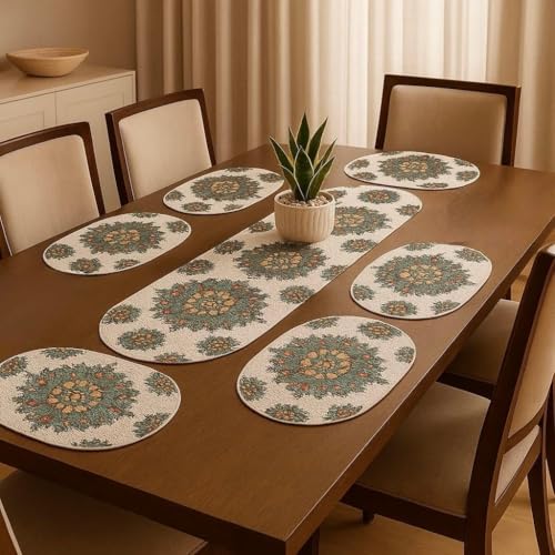 Image of Table Mats Set of 6 with Table Runner - Non Slip, Heat Resistant, Jute Cotton Blend for Dining Room Decor (White Flower)