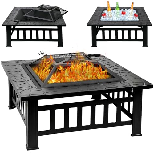 Quilushey 32 Inch Fire Pit Table with Fire Poker & Spark Screen, Outdoor Burning Fire Pits, 3 in 1 Metal Square Firepit Stove for Outside Heating, Bonfire Party, Camping, Backyard, Patio, Garden