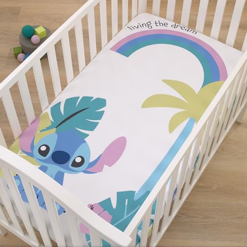 Image of Disney Stitch Blue, Teal, Lime, Lavender, and White Living The Dream Photo Op Fitted Crib Sheet