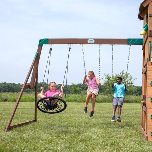 Backyard Discovery Highlander Cedar Wood Swing Set with Wave Slide, Three-Story Clubhouse, Rock Wall, Picnic Table, Belt Swings, Web Swing, Sandbox, Three Ladders, Toy Accessories, Outdoor Playset - image 6