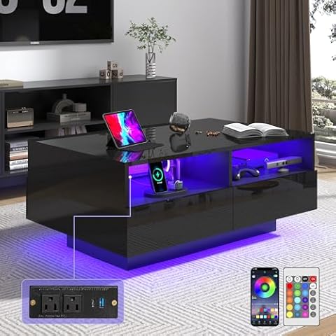 St.Mandyu LED Coffee Table with Storage Drawers,Modern High Glossy Center Table with 20 Colors LED Lights for Living Room (Black) Cover