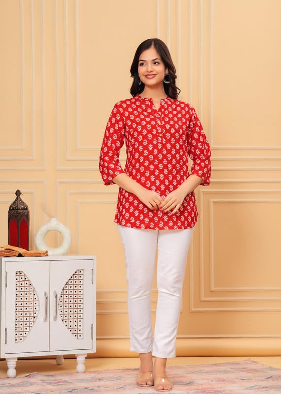 Image of Women's Cotton Printed Kurta Top | 3 /4 Sleeve Straight Kurti Casual Outings