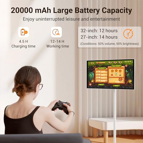 Image of 27 inch Rolling TV, EDLA-Certified Portable TV, Android 13, 8 GB +128 GB, Built-in 20,000 mAh Battery, 14H Playtime, Wireless Casting,10-Point Touch Screen Monitor for Home, Office, Gym