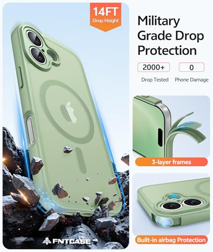 Image of FNTCASE for iPhone 16 Case: [Compatible with Magsafe] Translucent Matte Cases with [Full Camera Protection] [Screen Protector] Military Grade Shockproof Protective Phone Cover - Light Moss
