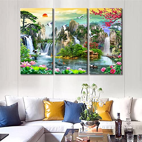 Tumovo Chinese Painting Style Of Ink And Wash Landscape Painting Wall Art Canvas Print 3 Pieces The Mountains In The Morning Sailboat To The Horizon Rustic Scenic Framed Ready To Hang (60" Wx40 H) #TOP3