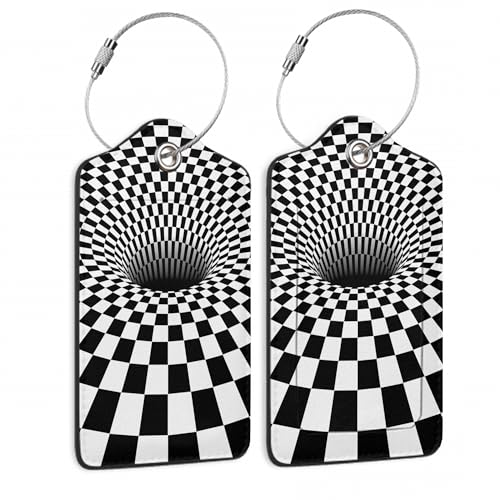 SKYDAWNY 2 Stück Schwarz Weiß 3D Vortex Illusion Leder Kofferanhänger mit Edelstahlschlaufe und Sichtschutz Abdeckung für Damen Herren Reisegepäck Zubehör