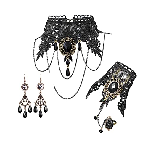 Daimay 4PCS Choker Lace Necklace with Bracelet Set Punk Party Gothic Vintage Handmade Victorian Steampunk Retro Gears Lace Vampire Bracelet Wristband for Halloween Easter – GS180+ GY120+E001