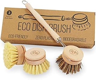 Eco Dish Brush Set - Eco Friendly Cleaning Products - Low-Waste Wooden Dish Washing Brush with 3 Replacement Heads - Eco Friendly Products, Brush for Dishes - Eco Friendly Agile