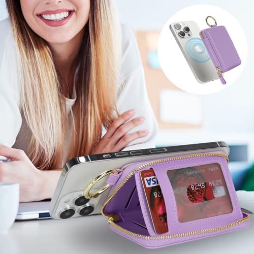 Image of Compatible with MagSafe Wallet,Magnetic Phone Wallet Card Holder for iPhone 17 /16 Pro Max /15 plus /14 Pro /13 /12 Series,PU Leather Zipper Pocket Adjustable Stand-Light Purple