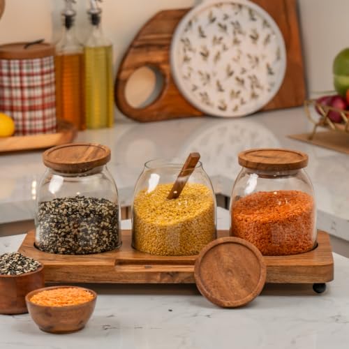 Image of Savor Storage Jar Set - Glass & Acacia Wood with Tray - Multipurpose Storage for Kitchen & Decor (Set of 3)