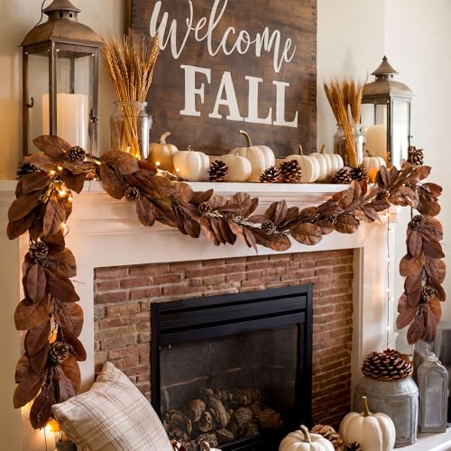 Norme 6 ft Magnolia Leaf Fall Garland Realistic Artificial Brown Magnolia Garland with Pine Cones Rustic Neutral Fall Decor for Home Mantel Fireplace Porch Thanksgiving Holiday Farmhouse Decor