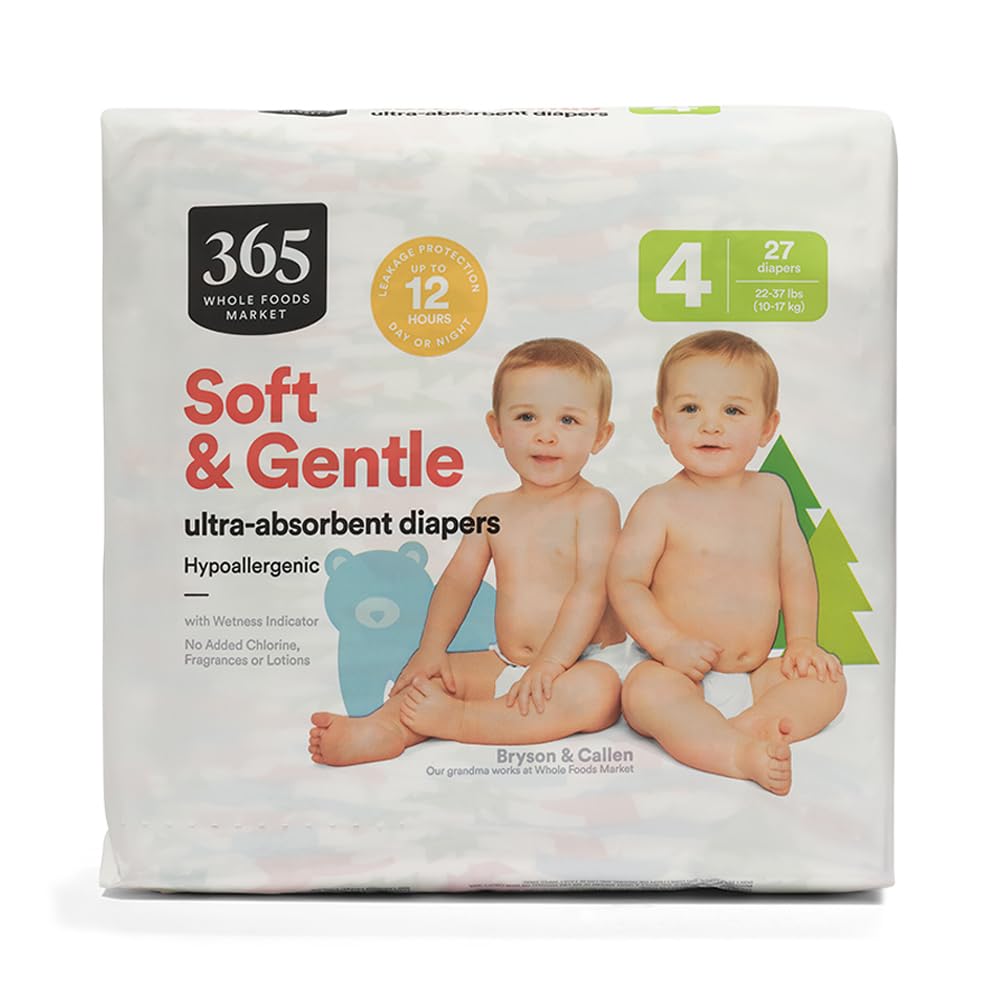 365 by Whole Foods Market, Soft & Gentle Size 4 Diapers with Wetness Indicator, Ultra-Absorbent, Hypo-Allergenic, Ultra-Absorbent, 27 Count
