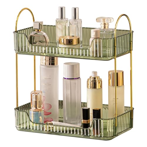Image of Akinbas 2 Tier Bathroom Organizer Countertop Makeup Perfume Tray Skincare Organizer for Bathroom Dresser Vanity (Green)