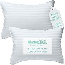 kinder Fluff Toddler Pillow 13x18in (2 Pack) &ndash; Small Travel Pillows for Sleeping, 300 TC 100% Cotton Shell with Sateen Stripes, Machine Washable, Children &amp; Travel Cushion, White