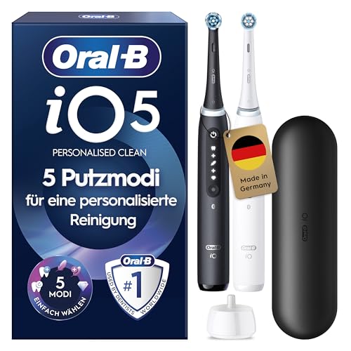 Oral-B iO Series 5 Elektrische Zahnbürste Doppelpack — Electric Toothbrush, Inkl. 2 Aufsteckbürsten und Reise-Etui — 5 Putzmodi für Zahnpflege, Zahnbürste Elektrisch, Designed by Braun, Schwarz/Weiß