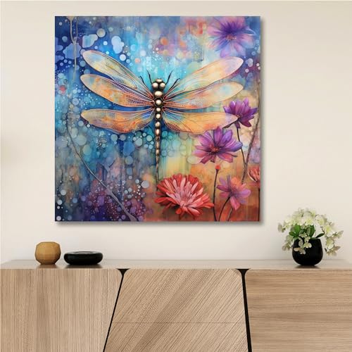Image of SAF painting Dragonfly Wall Art - Abstract Floral Canvas Painting | Colorful Nature-Inspired Wall Decor for Living Room, Bedroom & Office 20 Inch x 20 Inch