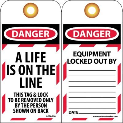 NMC LOTAG30 "Danger - A Life is ON The LINE" Lockout Tag, Unrippable Vinyl, 3" Length, 6" Height, Black/Red on White (Pack of 10)