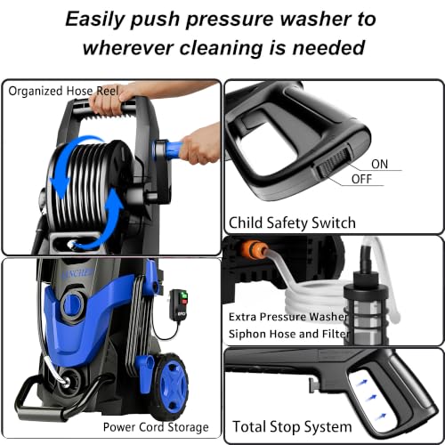 Image of 2026Upgraded 4800 MAX Pressure Washer w /5 Quick Connect Nozzles, 35ft Power Cord w /GFCI, Inlet Hose & Filter& Soap Tank for Cars /Driveways /Home Cleaning, Bright Blue