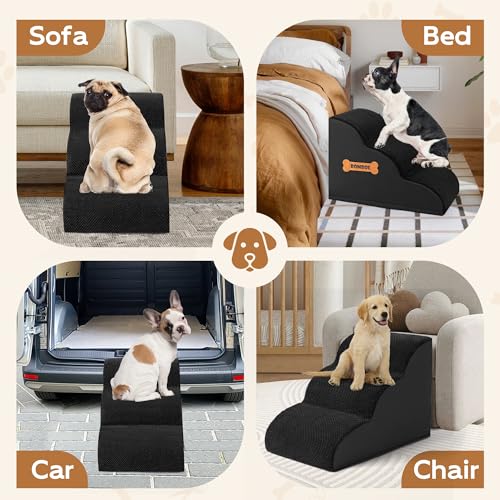 ROMROL Hundetreppe 3 Stufen – rutschfeste Haustiertreppe für kleine Hunde & Katzen – Waschbarer Bezug, Hochdichter Memory-Schaum – Weiche Einstiegshilfe für Sofa & Bett – Gelenkschonend, Schwarz