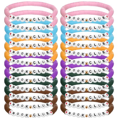 Tondiamo 24 Pack Book Club Gifts for Women Polymer Clay Beaded Book Lovers Bracelet Bulk Stretch Bracelet Librarian Readers Gifts Charm Jewelry Party Favor