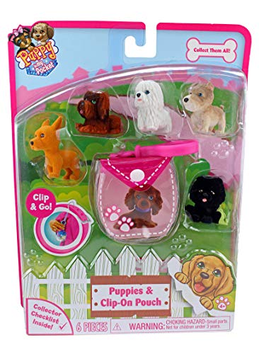 Puppy In My Pocket 6 Pink Clip-On Pouch and 5 Cute Puppies