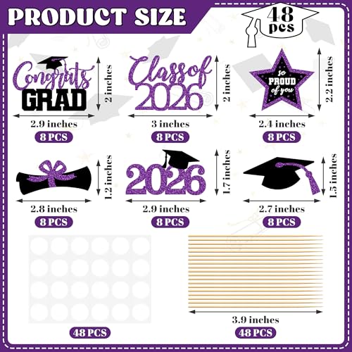 Image of 48 PCS Graduation Cupcake Toppers, 6 Styles Congrats Grad Cake Topper 2026, Graduation Decorations, Glittery Black and Purple Cap and Diploma Cake Picks for Grad Party Decor Supplies