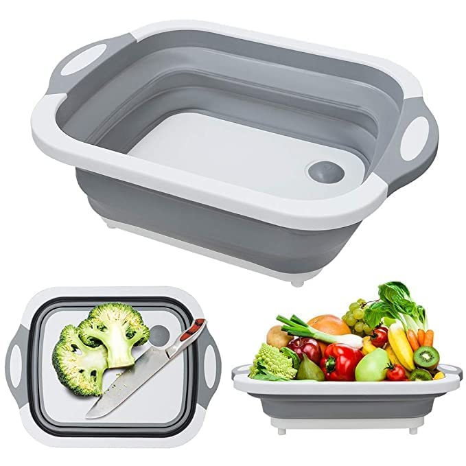 Image of Maruti Creation Collapsible Cutting Board 3 in 1 (Grey) Multi-Functional Chopping Board, Basket and Strainer, Chopping Board with Colander, Draining Foldable Silicone Dish Tub for Vegetable,Fruits