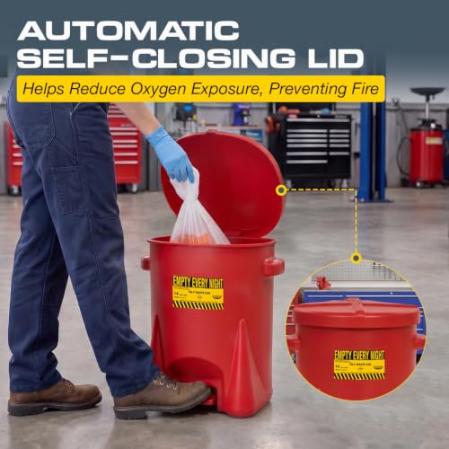 Image of Eagle Oily Waste Can, Self-Closing Lid, 14 Gallon, Made in the USA, Red