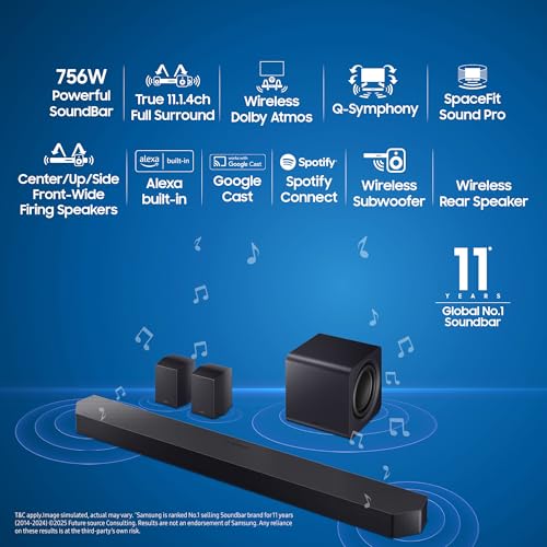 Image of Samsung 756 W True 11.1.4 ch Full Surround Soundbar with Wireless Dolby Atmos | Center-Up-Side-Front Wide-firing Speakers | Alexa | Wi-Fi | HDMI ARC | Optical In | Bluetooth (HW-Q990F /XL, Titan Black)