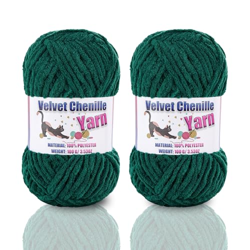 Image of 2 * 100g /3.5oz Fluffy Chenille Yarn for Crocheting, Chunky Velvet Yarn for Crochet Amigurumi, Used for Making Baby Yarns Blanket, Clothes, Pattern Knitting Creations (Dark Green)
