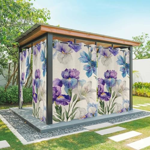 Outdoor Curtains for Patio, Blue Purple Flowers Waterproof Blackout Outside Curtain for Porch/Pergola/Gazebo, Spring Seasonal Botanical Florals Thermal Insulated Drapes, 2 Panels, 54 x 95 Inch