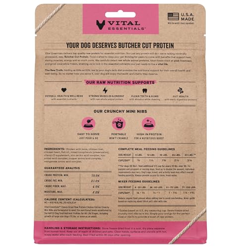 Image of Vital Essentials Freeze Dried Dog Food, Chicken Mini Nibs, 5.5 oz Bag | Crunchy, Complete Meal or Topper, Made With 96% Chicken, Organs & Bone, High Protein Raw Nutrition, Grain-Free Recipe