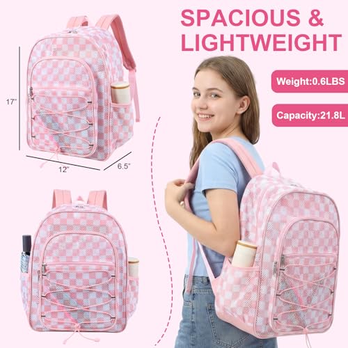 Image of COVAX Mesh Backpack for School Heavy Duty Semi-Transparent Bookbags for Beach, Swimming, Sports, Work, Travel (Pink and White Checkerboard)