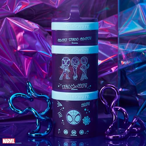 Image of Whiskware Spider-Man Team Spidey Stackable Snack Containers for Babies, Kids, and Toddlers, 3 Stackable Snack Cups for School or Travel, Cupholder Friendly, Glow Webs Glow!